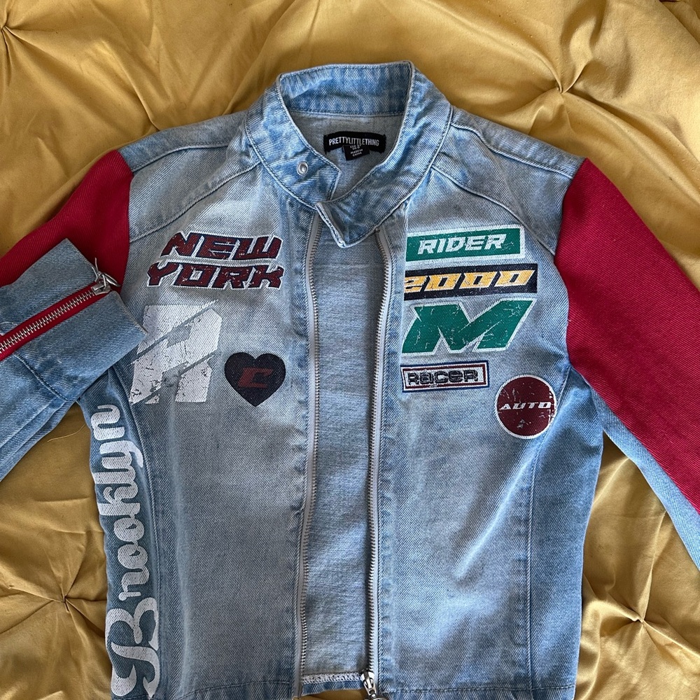 Prettylittlething Blue And Red Jean Jacket